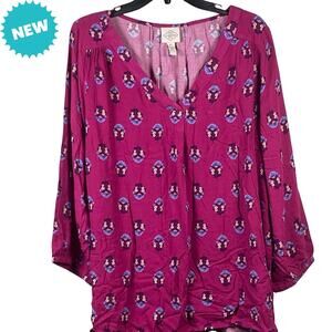 St John Bay Peasant Blouse Women's Size XLT Purple Floral Feather Design Boho